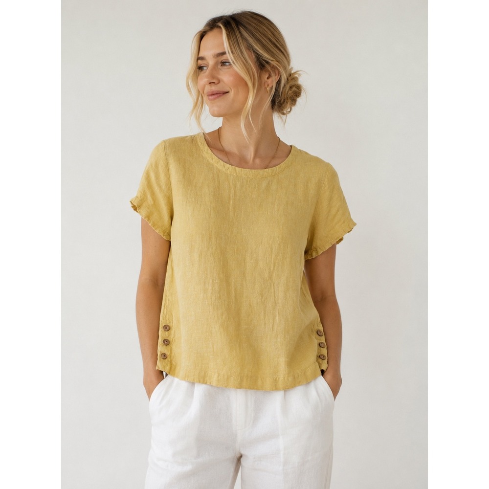 Cynthia Rowley Butter Yellow 100% Linen Short Sleeve Lightweight Button Top L